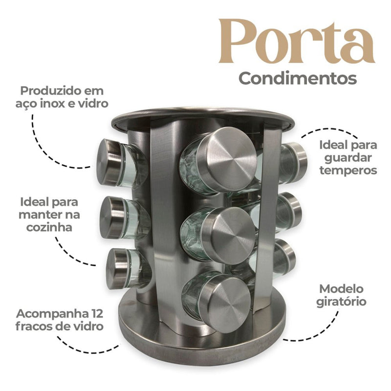 Porta Condimentos de Temperos Giratório com 12 Potes em Aço Inox e Vidro