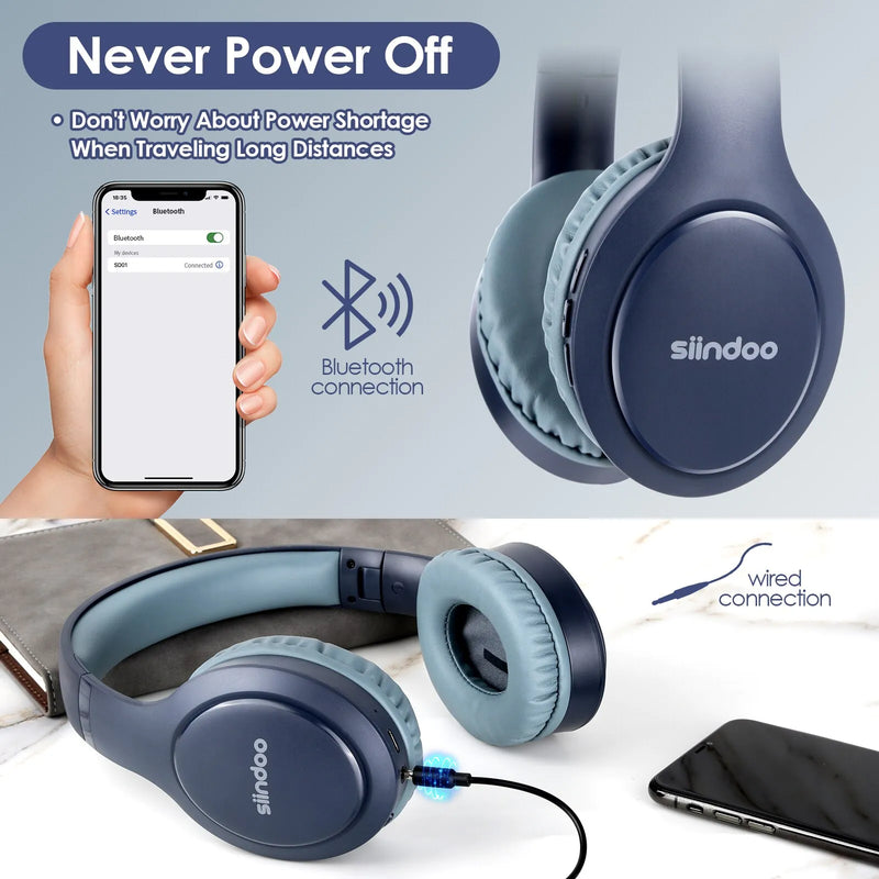 Fone de ouvido Bluetooth Stereo Siindoo JH-919, sem Fio, Rosa e Azul.