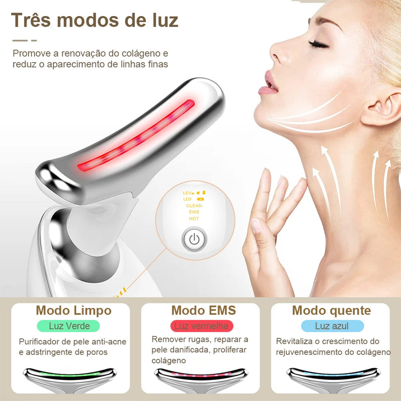Massageador Facial Rejuvenescedor com Luz LED, terapia do Rosto e Pescoço.
