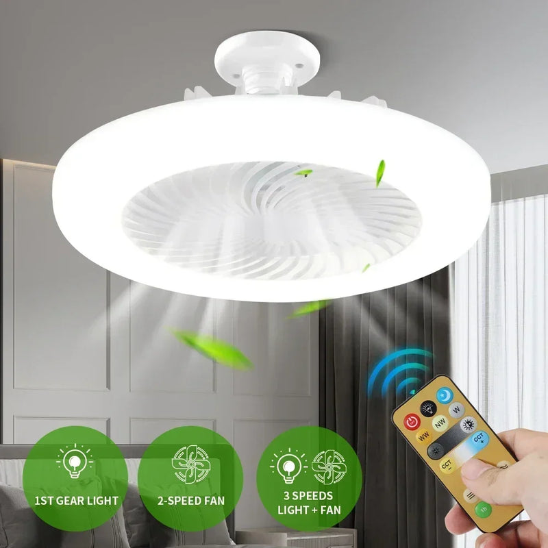 Ventilador de teto com lâmpada de iluminação, suporte universal E27, Controle Remoto, Silencioso.