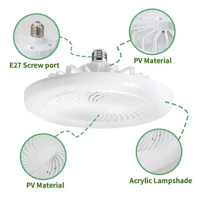 Ventilador de teto com lâmpada de iluminação, suporte universal E27, Controle Remoto, Silencioso.